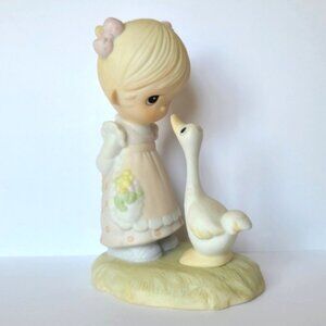 Vintage 70s Precious Moments Girl Duck Collectible Porcelain Figurine